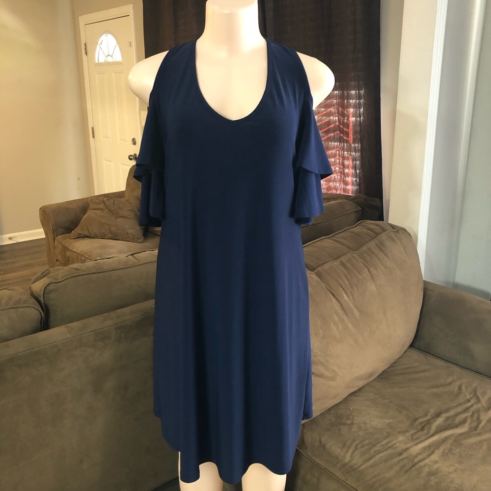 Luxology Navy Blue Stretch Dress Medium Bell Sleeve Knee length Classic